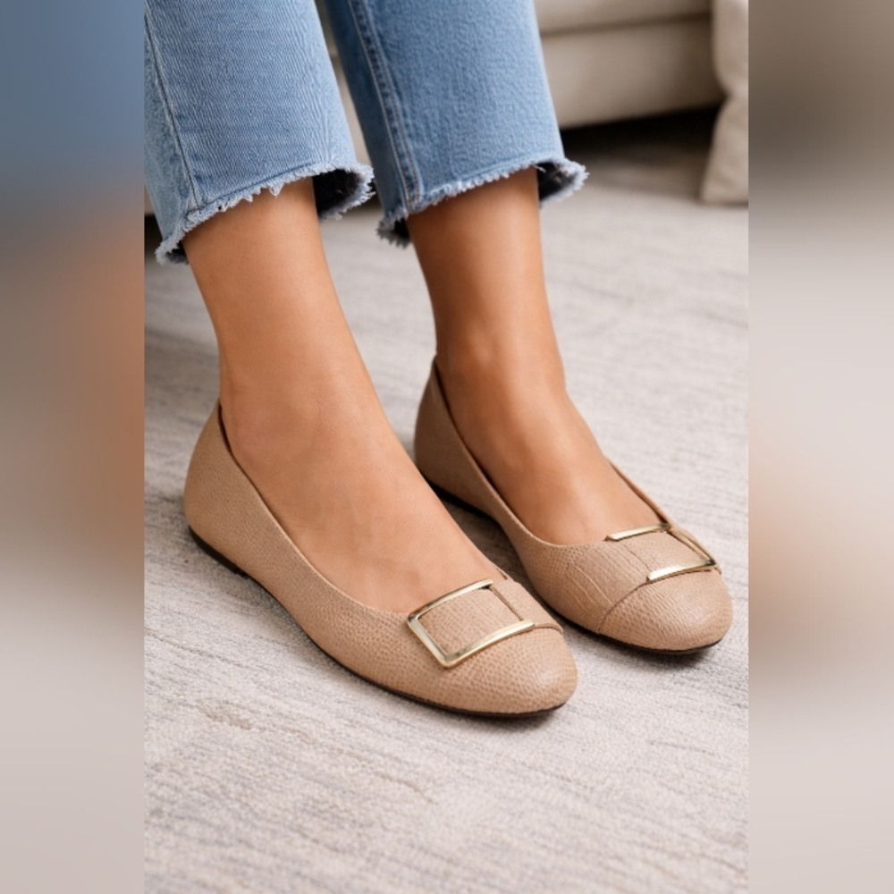 Coach Taupe Textured Ballet Flats with Gold Buckle